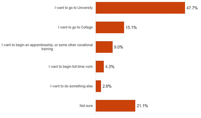This chart shows the proportions of what young people saw themselves doing after they leave school. 47.7% of young people wanted to go to University, whilst 15.1% wanted to go to College. Smaller proportions of young people wanted to begin an apprenticeship, or some other vocational training (9.0%), wanted to begin full-time work (4.3%), or wanted to do something else (2.8%). 21.1% of young people were not sure what they saw themselves doing after they leave school.