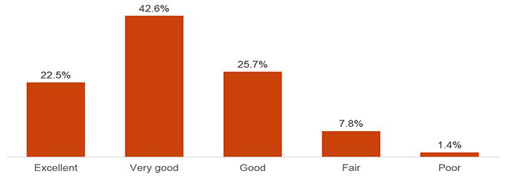 This chart shows the proportion of how young people rated their own general health. 22.5% of young people rated their health as “excellent”, and 42.6% said their health was “very good”. Only 1.4% of young people said their health was poor.