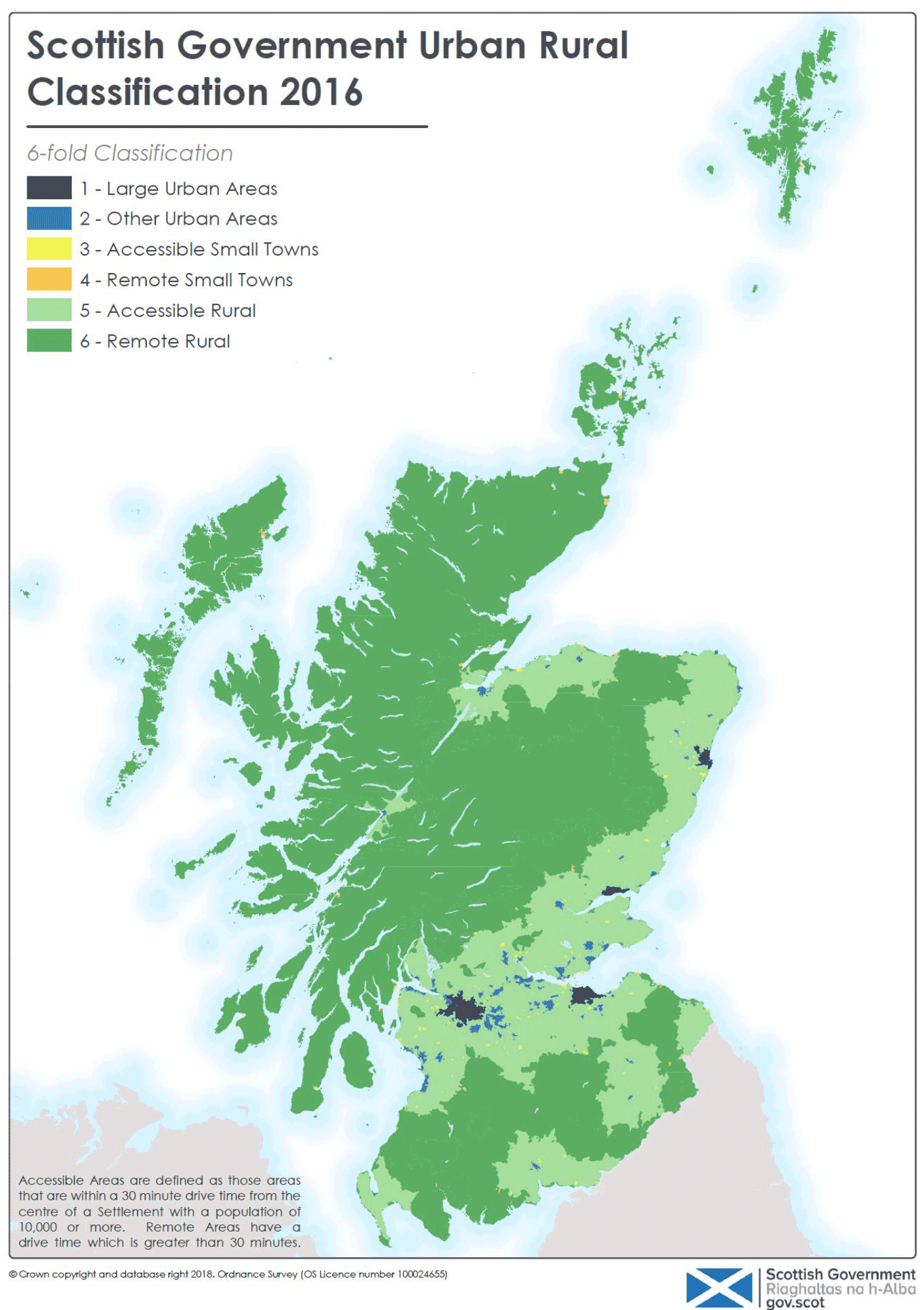 Map showing areas of urban-rural classifications in 2016, 1 - Large urban areas, 2 – Other urban areas, 3 – Accessible small towns, 4 - Remote small towns, 5 - Accessible rural, 6 - Remote rural