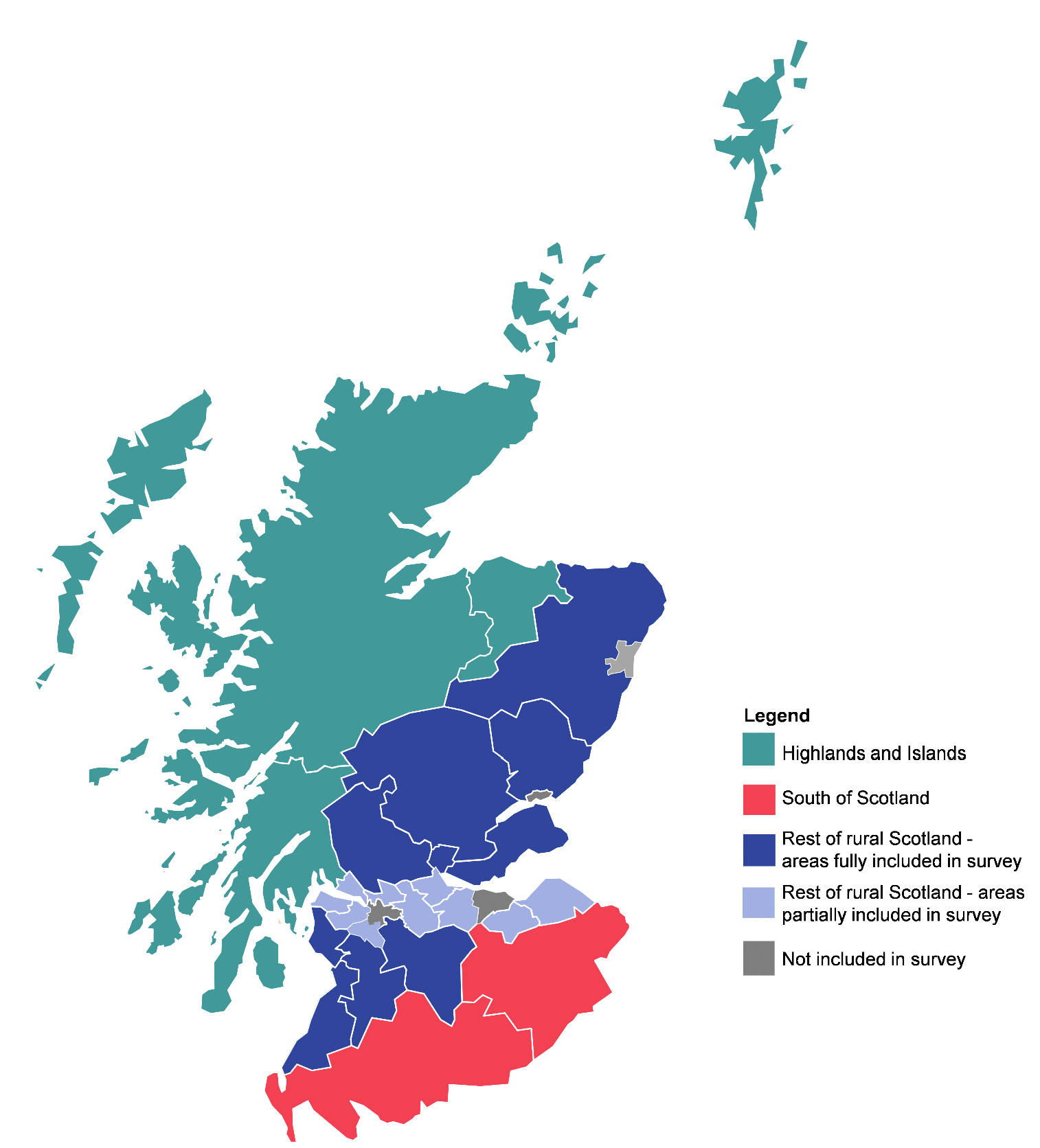 Map showing areas of Scotland covered by survey, including Highlands and Islands, South of Scotland, and some areas in rest of rural Scotland