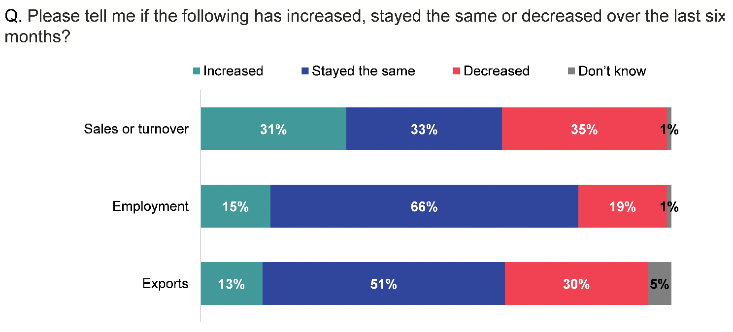 Stacked bar chart showing whether sales or turnover, employment, and exports, had increased, decreased or remained the same in the past six months