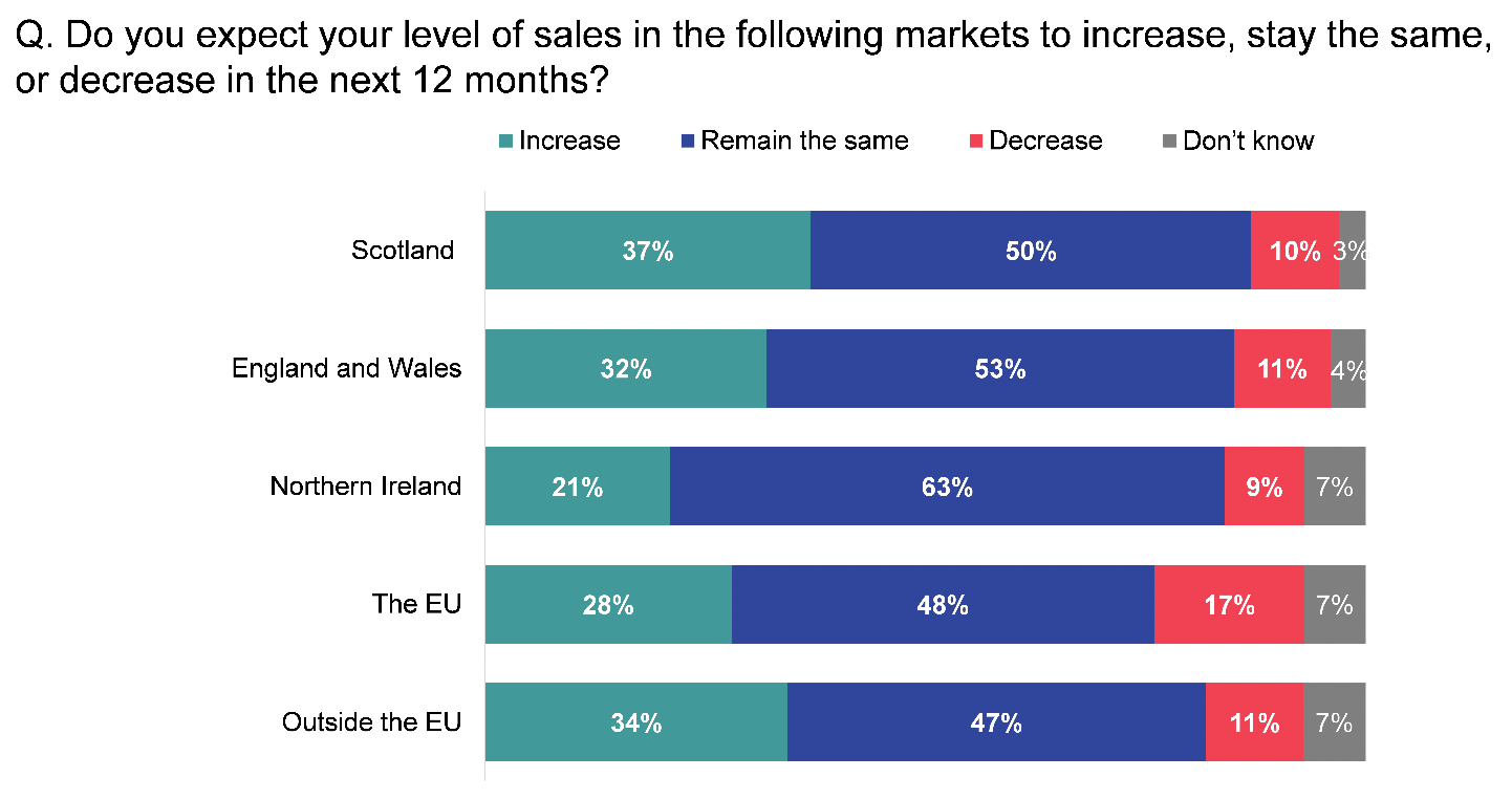 Stacked bar chart showing that, for all markets, businesses most commonly expected that level of sales would stay the same in the next 12 months.