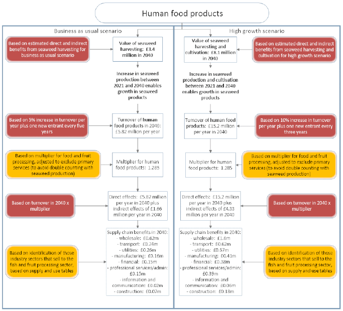 This diagram shows the approach to estimating the direct and indirect turnover benefits for seaweed products relating to human food, under a business as usual scenario and a high growth scenario. The details are reported in the text.