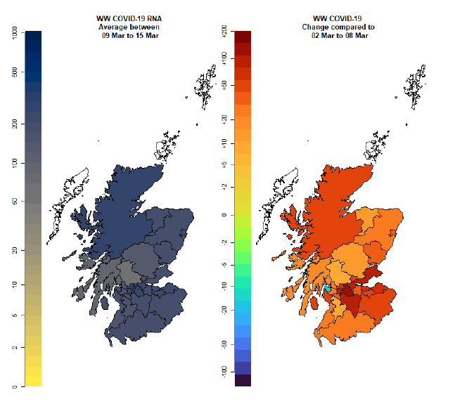 A map showing wastewater Covid-19 levels for each local authority for 9th March to 15th March and changes relative to 2nd March to 8th March.