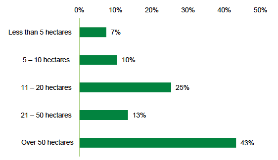 A horizontal bar chart showing the size of respondent’s farms, in hectares. The X axis presents the percentage of respondents, and the Y axis presents various text options to describe the size of their farm ranging from “less than 5 hectares” to “over 50 hectares”. Farms over 50 hectares were most commonly reported (43%), but the majority overall reported farms smaller than 50 hectares.