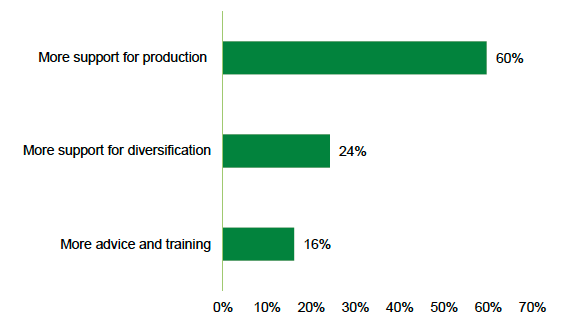A horizontal bar chart illustrating how respondents answered the question “What sorts of support do you think would be helpful going forward?”. The X axis presents the percentage of respondents, and the Y axis presents text options to describe 3 different options for support. Over half (60%) reported a need for more support for production.