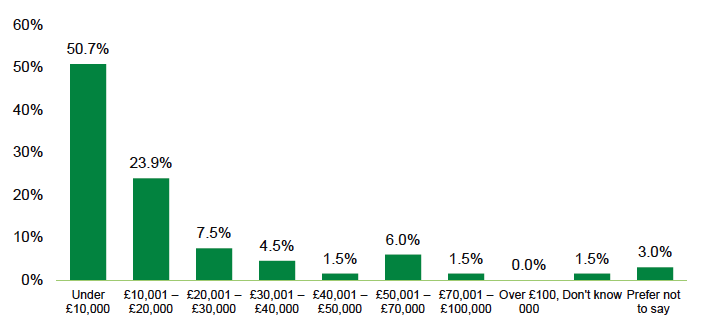 A horizontal bar chart that illustrates the annual income of the survey sample in the most recent financial year. The X axis presents various income bands, starting at “Under £10,000” and increasing in bands of £10,000 up to “Over £100,000”, with additional options for “Don’t Know” and “Prefer not to say”. The Y axis presents the percentage of respondents. Over half (50.7%) earned less than £10,000 and 23.9% earned between £10,001 - £20,000. Only 3% of the sample preferred not to state their income, and 1.5% didn’t know their income.