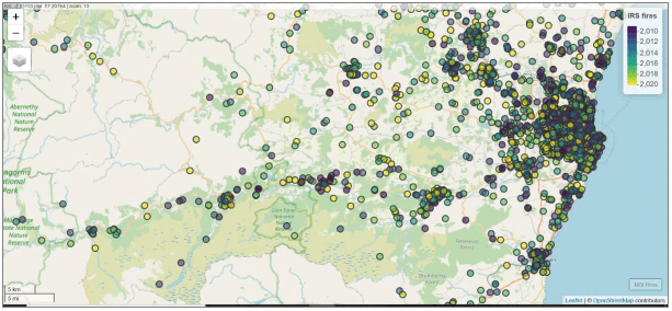 Map showing the locations of IRS fire incidents in the Aberdeen City and Aberdeenshire areas, and legend showings years when these fires were recorded. Locations show strong clustering of fire incidents within and/or in proximity of urban areas or other settlements and around the primary and secondary road networks.