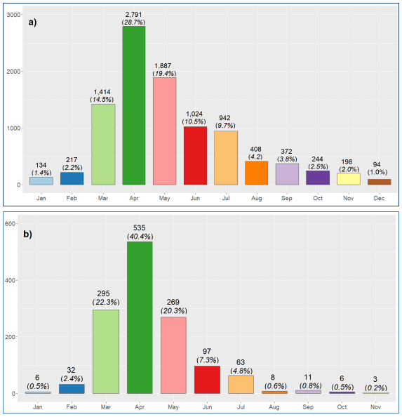 Barplots showing monthly counts of wildfires and their proportions (in %) for the 2009-2020 period for a) all identified wildfires and b) wildfires with damage area greater than 1,000 m2. Plots show a clear seasonality pattern with most wildfires in Scotland occur during the spring season. This is more evident in the subset of bigger wildfires with around 81% of wildfires occurring in April (40.4%), March (22.3%) and May (20.3%).
