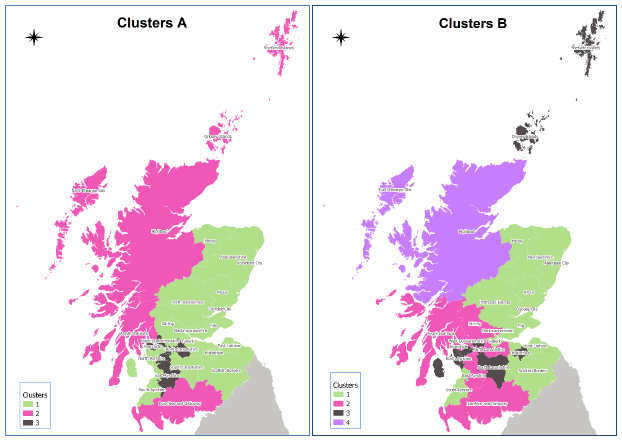 Map showing Local Authorities grouped into Clusters A (three sub-clusters) and B (four sub-clusters).