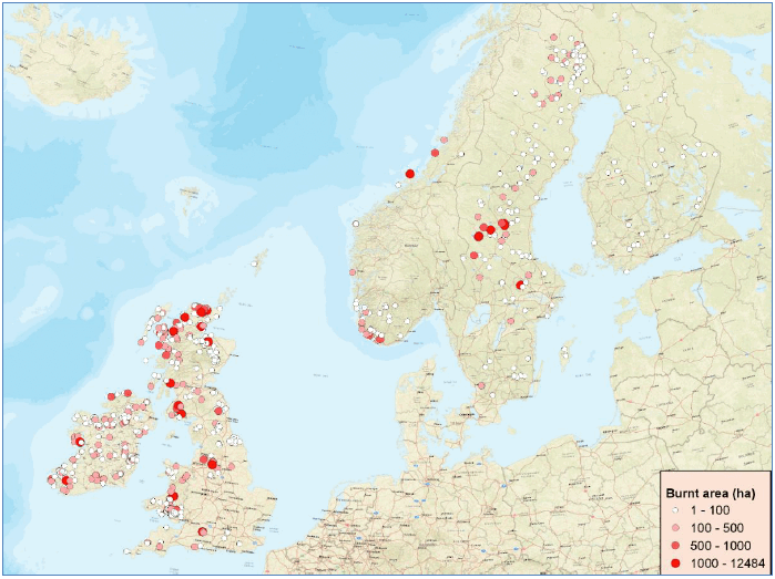 Map showing the locations of burnt area polygons provided by EFFIS. Graduated dot size is based on the size of the burnt area.