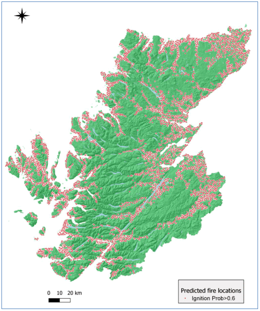 Map showing predicted fire locations based on having a probability of ignition greater than 0.6. Red dots represent the centroids of 250m grid cells.