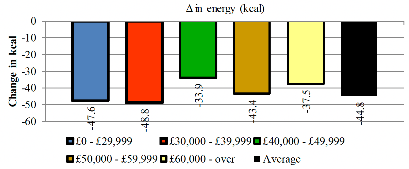Shows a net decrease in energy in all the income groups when promotions for regular soft drink products are eliminated