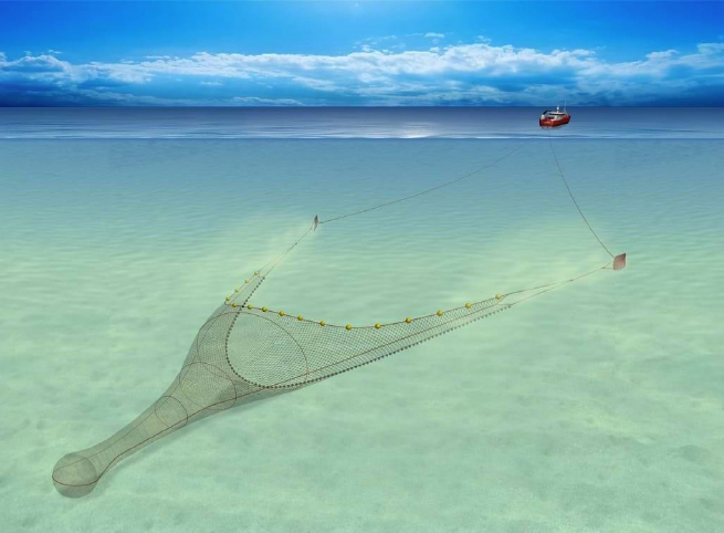 Demersal trawl, single fishing vessel with fishing net pulled a rear.