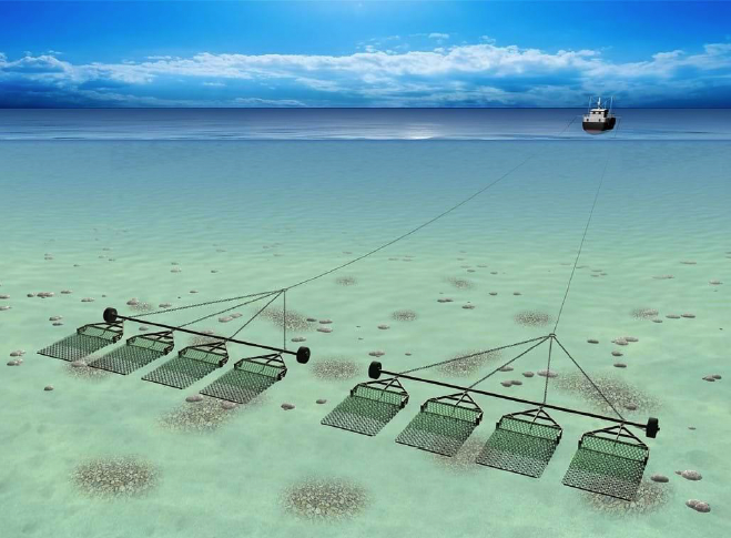 Fishing vessel pulling two bottom trawl rigid metal frames