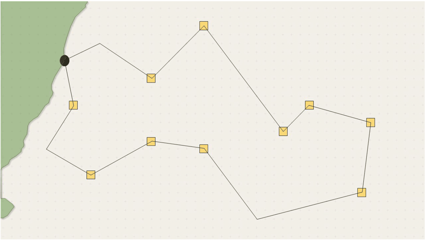 A more complex flight path from an onshore bird colony to a series of foraging areas before returning to the onshore colony.
