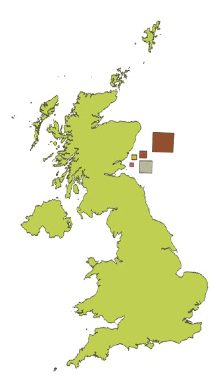 Showing the location and size of five examplar offshore windfarms off the East Coast of Scotland from Peterhead to North Berwick
