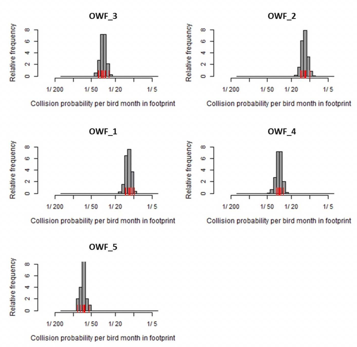 Five charts showing the predicted collision probabilities per bird per month in each of the exemplar offshore wind farms.