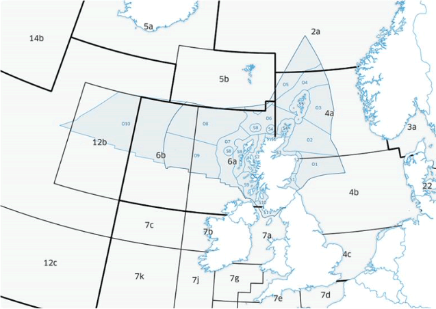 Map showing the ICES areas around Scotland, including Scottish Marine Regions and Offshore Marine Regions where fish stocks of commercial importance to Scotland are present (Source: Marine Scotland and ICES)