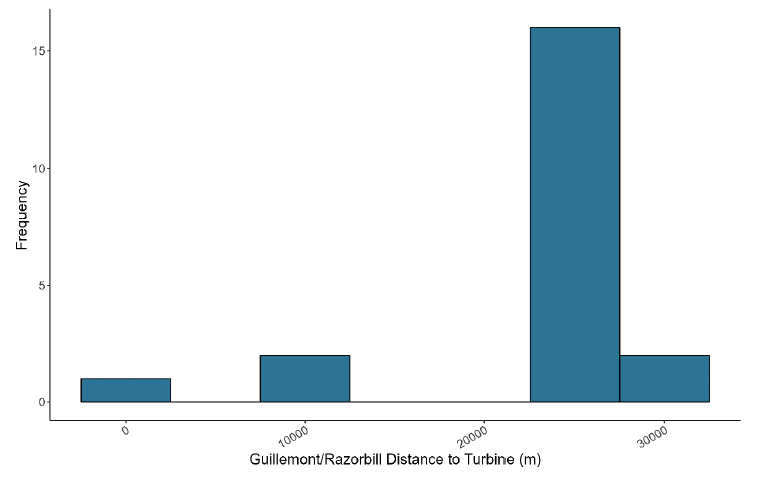 A histogram showing the distance of guillemot / razorbill to turbines in meters in July, with frequency on the y axis and distance to turbine on the x axis. The histogram peaks at around 25000 meters with a frequency of 16, aside from which the frequencies were 2 at 10000 and 30000, and 1 at 0 meters. The rest had no records