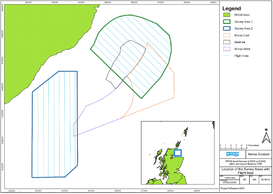 A map showing the two survey areas with their flight lines overlaid on Moray East, Moray West and Beatrice. Survey Area 1 is and elongated half-circle, located in the northeast, flight lines run from northwest to southeast, it overlaps with the majority of Beatrice except the southwestern portion, the northern half of Moray east, and the small most northwestern corner or Moray west. Survey Area 2 is rectangular with the northwest and southeast corners cut diagonally, located in the west with flight lines running from north to south. It overlaps with the easternmost sliver of Moray west.