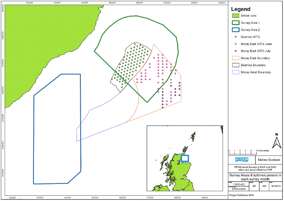 A map showing the two survey areas overlaid on Moray East, Moray West and Beatrice, all situated and overlapping in the same manner as in Figure 2. This map includes the location of the turbines, which are closely packed together throughout Beatrice and not present at all in Moray west. Moray east has June turbines located mainly in the northern half, with six further south, there are far fewer July turbines and they are located on the west and east of the southern six June turbines