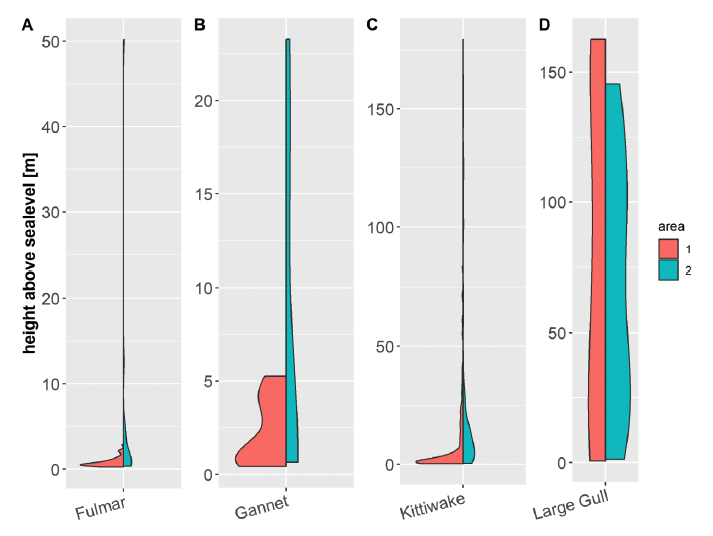 A graph showing the flight heights for fulmar, gannet, kittiwake and large gull in areas 1 and 2 in July using vertical lines to illustrate the height and thickness of the lines to show number of individuals at that height. The line for fulmars goes to 50 muters, with a sharp peak around 1 meter for area 1 and a smaller peak at 3 meters, whilst area 2 bulges from 1 meter and tapers towards the central line until 7 meters. Gannet's line has distinct height range for each area, with area 1 ranging from 1 to 5 meters whilst area 2 ranges from 2 to 27 meters, area 1 is thicker with a peak low down and then another peak higher up, whilst area 2 is skinnier and tapers towards the central line as the height increases. Kittiwake line extends from 0 meters to 127 meters, with area 1 having a severe peak at 1 meter whilst area 2 has a gradual bump that peaks at 3 meters and then slowly tapers towards the central line. Large gulls had consistent line width for area 1 ranging from 0 meters to 115 meters, whilst area two was only marginally thicker at 25 meters and only extended from 1 meter to 145 meters