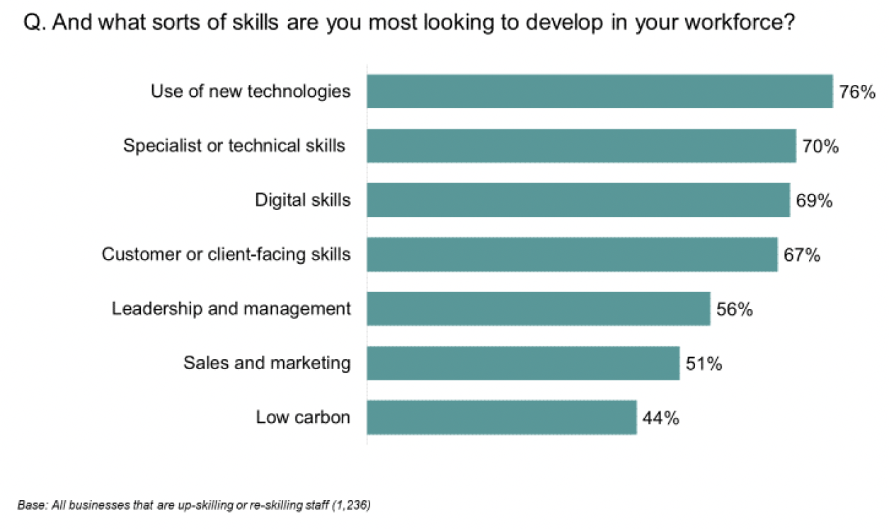 Bar chart showing that among those that were upskilling or reskilling their workforce, the most sought-after skill was use of new technologies