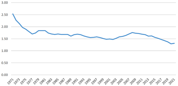 Line graph showing a downward trend of fertility rates (the average number of children born to each woman)  from 1991 to 2021.