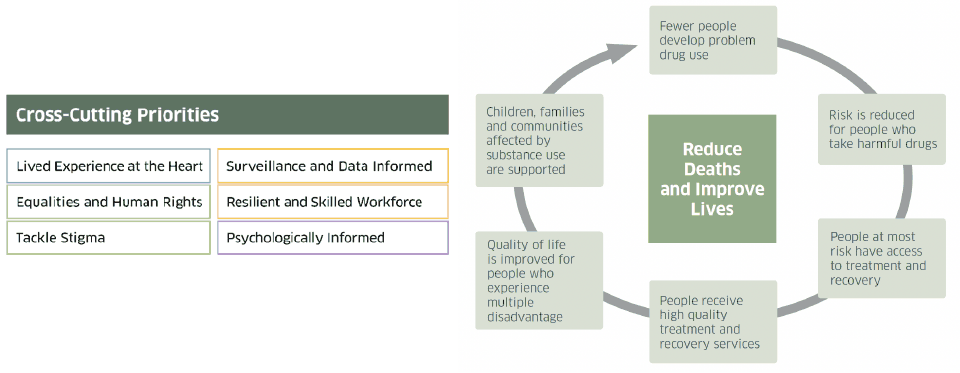 Infographic outlining the outcomes and cross-cutting priorities of the National Mission to Reduce Drug Deaths and Improve Lives. These are used as headings in this report to present the survey data.