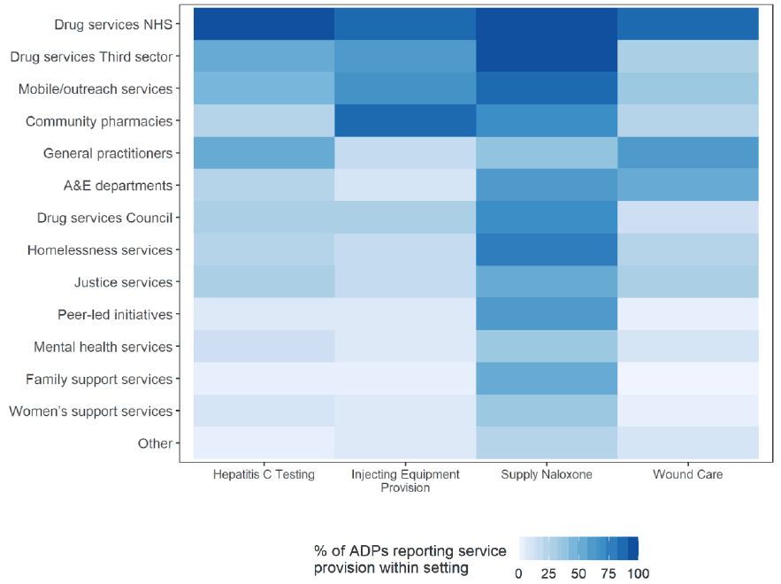 Heat map showing the reported distribution in the availability of naloxone, Hepatitis C testing, provision of injecting equipment and wound care across a range of settings. The responses indicate that naloxone was by far the most commonly available service to the public across the range of settings and that most harm reduction services were reported to be available through NHS drug services.