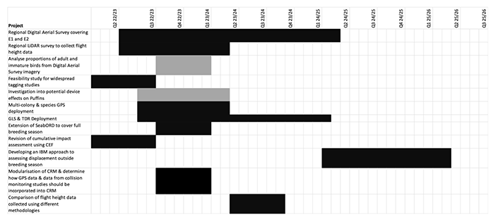 Timelines for projects identified as part of the roadmap of actions. 