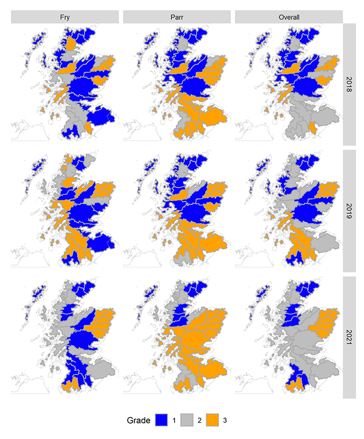 Maps showing regional variability in assessment grades for salmon fry, salmon parr and an overall grade in each of the survey years, 2018, 2019, 2021.