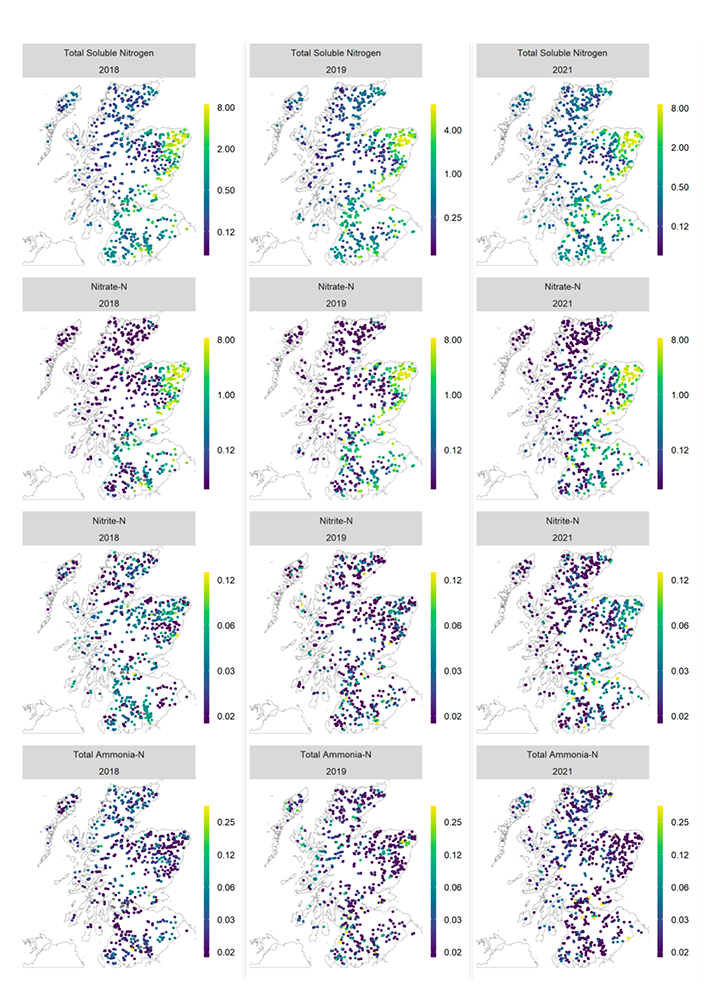 12 panel plot with a map in each panel showing the spatial variability in total nitrogen, nitrate, nitrite and ammonia in each of the survey years 2018, 2019, and 2021. Years are plotted as columns, chemical determinands are plotted as rows.