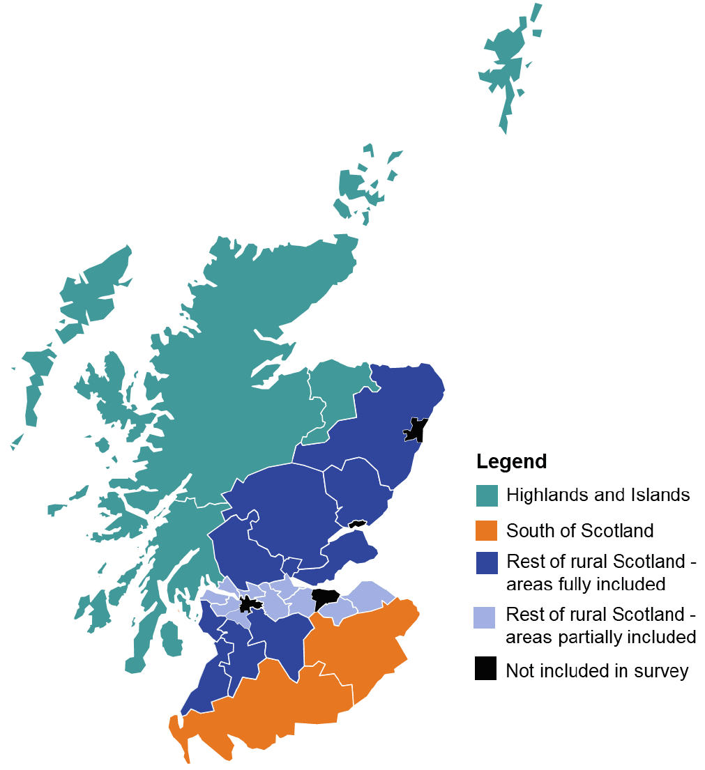 Map showing areas of Scotland covered by survey, including Highlands and Islands, South of Scotland, and some areas in rest of rural Scotland