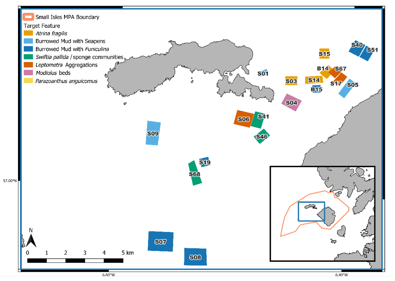 The Sound of Canna between the Isle of Rum and Canna has the highest density of survey boxes.