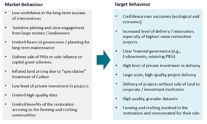 there are various problems and challenges with the behaviour of current peatland carbon markets. These need to evolve to a set of desired market behaviours.