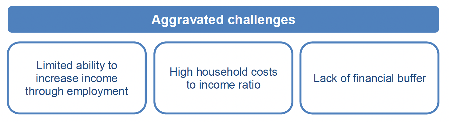 The aggravated challenges for lone parents includes: limited ability to increase income through employment; high household costs to income ratio; and, lack of financial buffer.