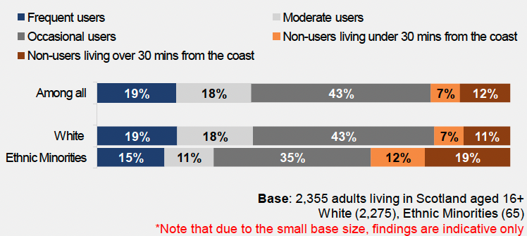a bar chart that sets out frequency of coastal visits in the past 12 months by ethnicity and shows that 15% of ethnic minorities are frequent users of the coast compared with 19% of White people. A third of ethnic minorities (31%) are non users compared with 18% of white people.