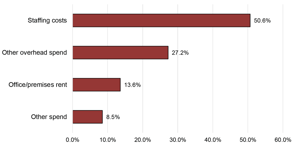 how funding recipients spent the grants. For example, it shows that 50.6% of funding was spent on staff costs.