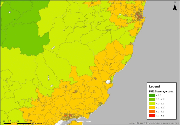 Scotland east coast average concentrations of particulate matter 2.5 in microgrammes per cubic metre by Low Super Output Area in 2019 for baseline scenario (option 1).