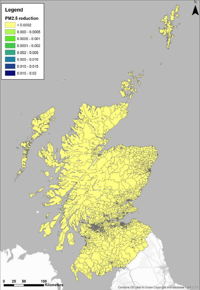 Scotland reductions in particulate matter 2.5 in microgrammes per cubic metre for option 2 by Low Super Output Area.