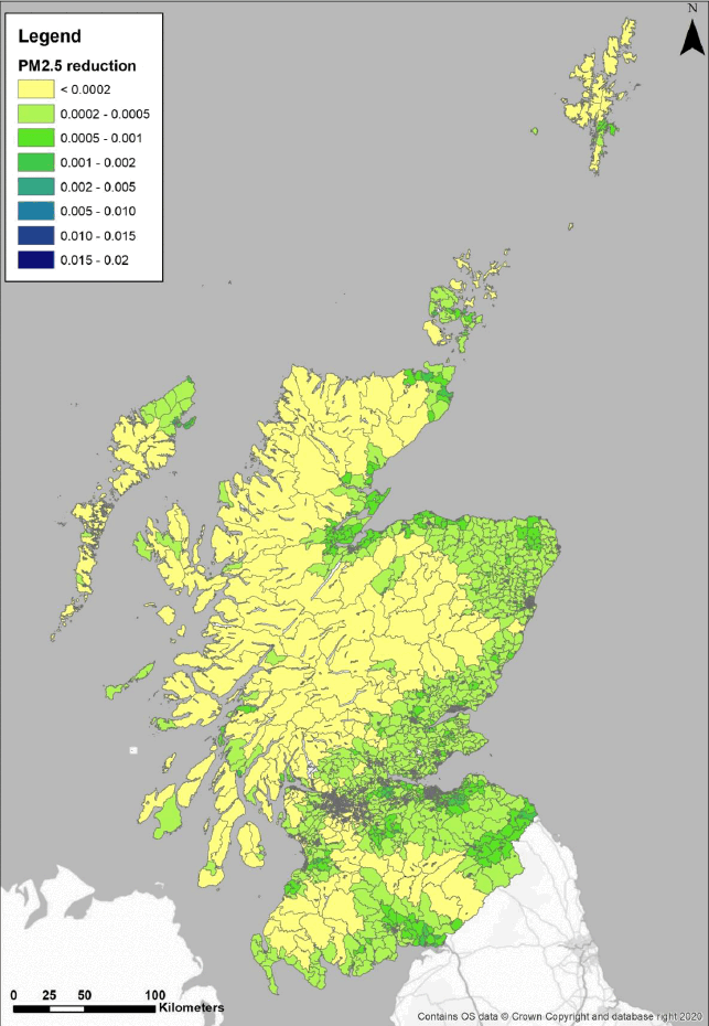 Scotland reductions in particulate matter 2.5 in microgrammes per cubic metre for option 3 by Low Super Output Area.