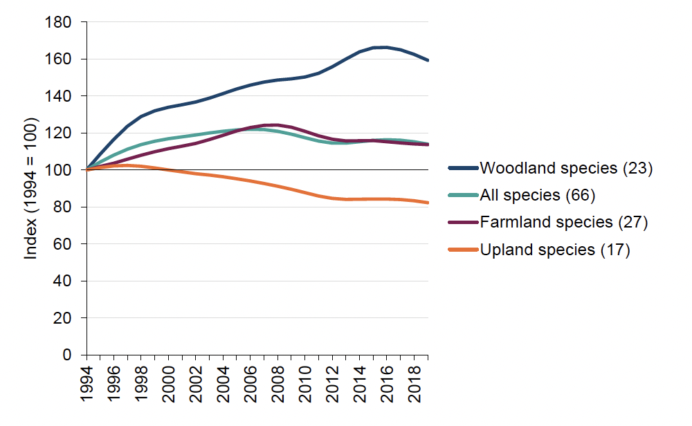 A line chart with an index of abundance for Scottish terrestrial breeding birds, indexed to 100 in 1994. The overall picture for the indicator is a stable trend since 1994.