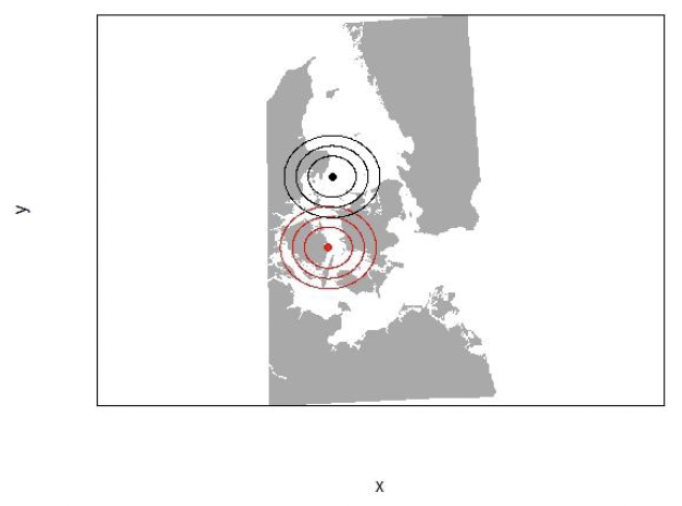 Four boxplots showing the predicted effect of disturbance on calf survival and birth rate for twenty one year olds, and ten year olds. As described in the text above.