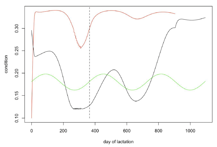 A line graph showing the relationship between body condition and day of lactation for a female and her calf. As described in the text above.