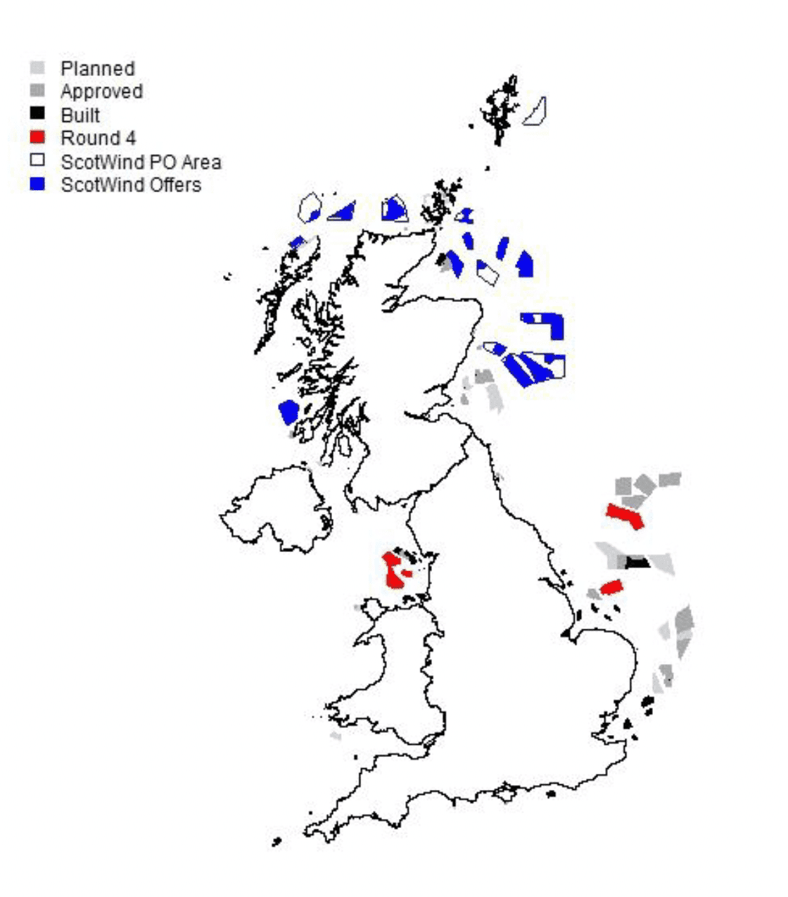 Map of the United Kingdom showing planned, approved and built offshore windfarms as described in text above.