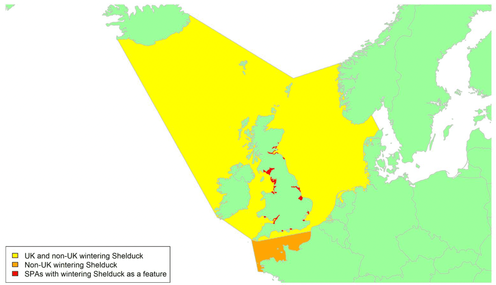 Map of North West Europe showing migratory routes and SPAs within the UK for Shelduck as described in the text below.