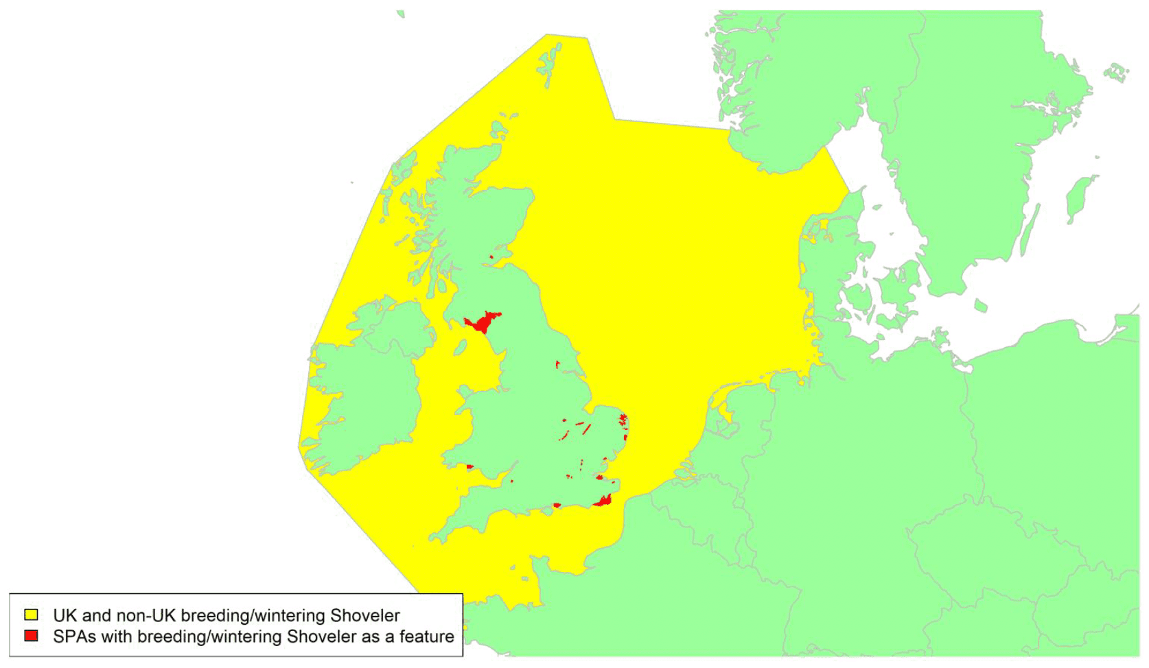 Map of North West Europe showing migratory routes and SPAs within the UK for Shoveler as described in the text below.