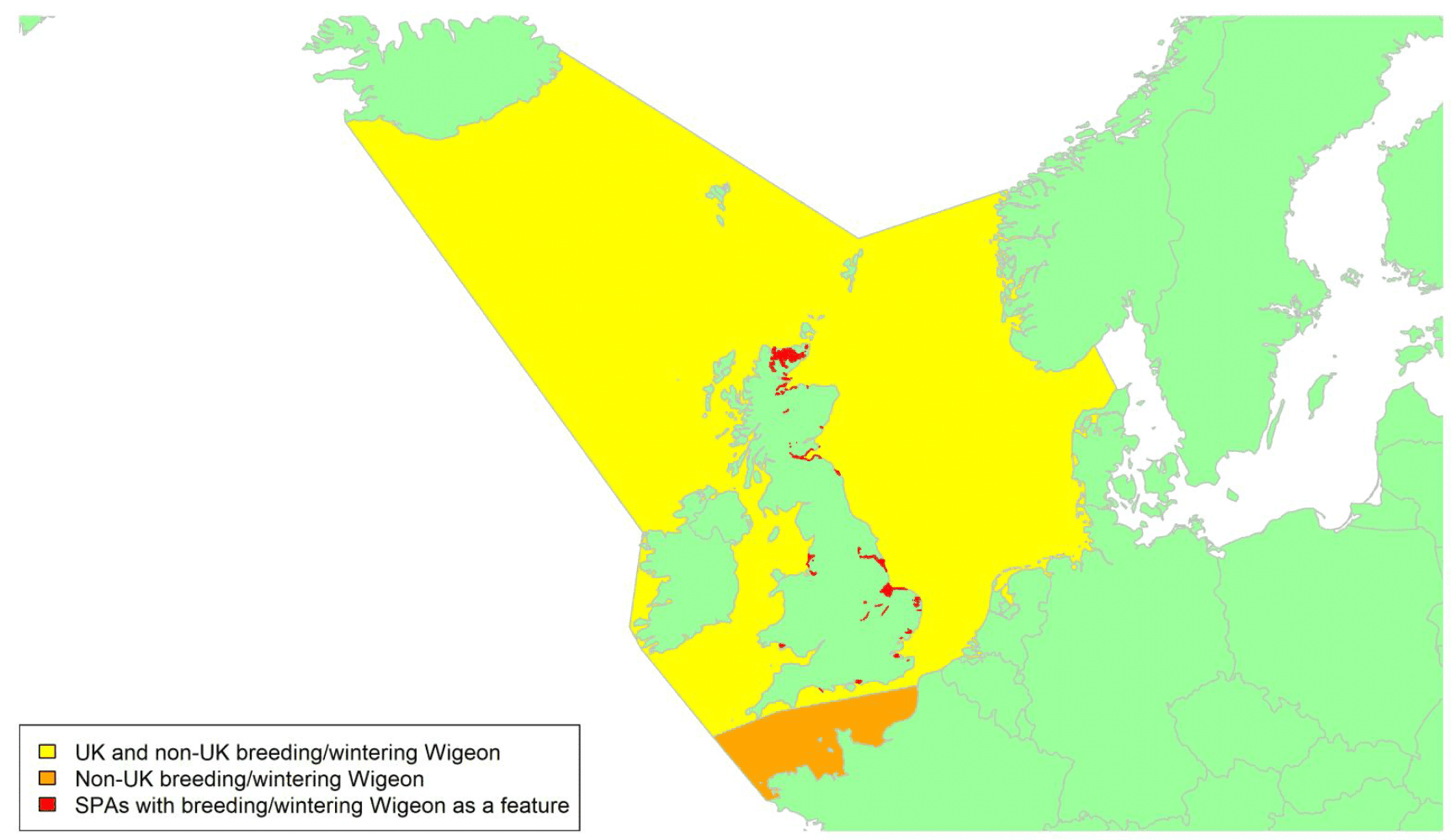 Map of North West Europe showing migratory routes and SPAs within the UK for Wigeon as described in the text below.